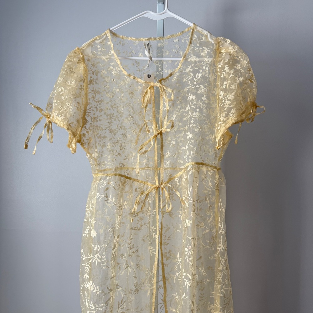 Anthropologie XS Canary Yellow Sheer Floral Maxi Dress Women New Tie Front Boho - Picture 3 of 9